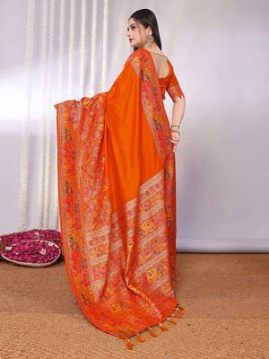 Orange embellished zari saree 4
