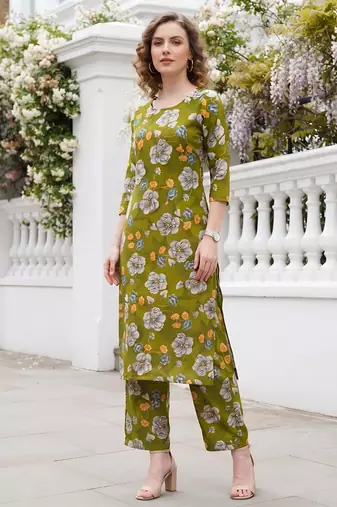 Olive green printed co-ord set for women