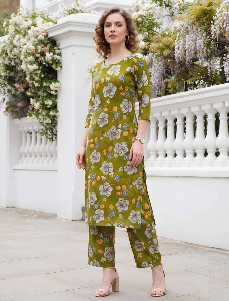 Olive green printed co-ord set for women