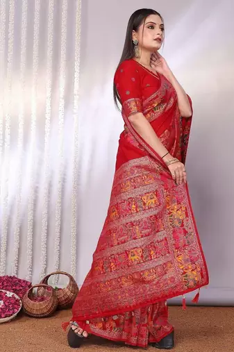 Red red rich zari woven kalamkari motifs saree