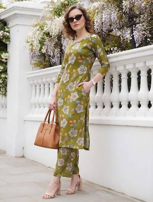 Olive green printed co-ord set for women 2