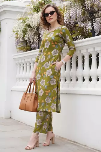 Olive green printed co-ord set for women