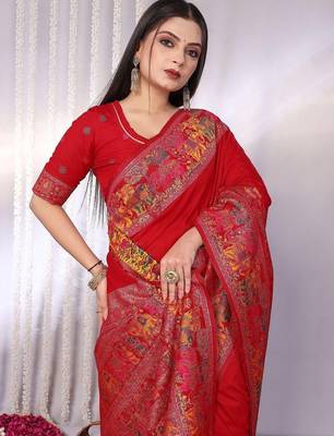 Red red rich zari woven kalamkari motifs saree 4