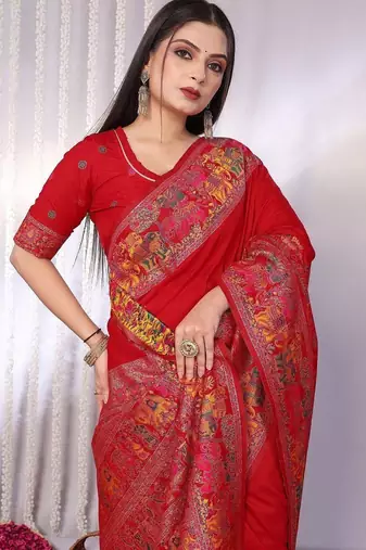 Red red rich zari woven kalamkari motifs saree