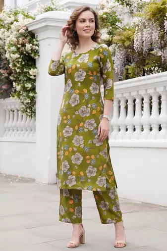 Olive green printed co-ord set for women