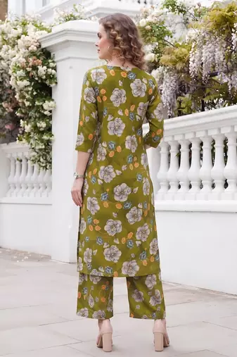 Olive green printed co-ord set for women