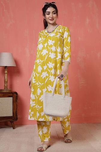 Yellow printed cotton co-ord set for women
