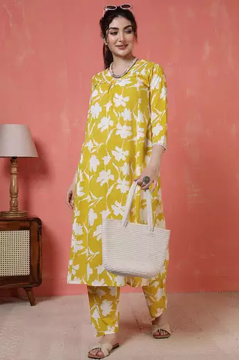 Yellow printed cotton co-ord set for women