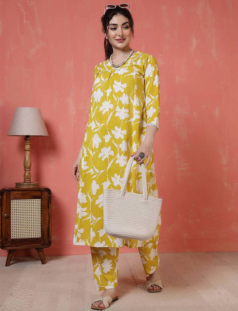 Yellow printed cotton co-ord set for women