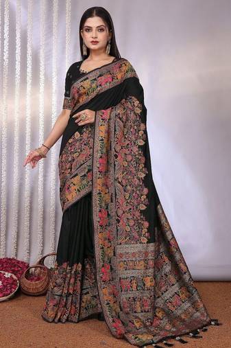 Black traditional black rich zari woven kalamkari motifs saree