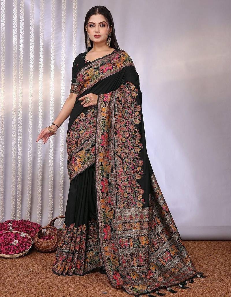 Black traditional black rich zari woven kalamkari motifs saree