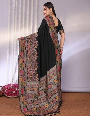 Black traditional black rich zari woven kalamkari motifs saree 2