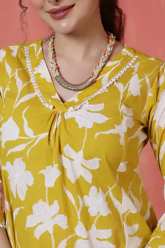 Yellow printed cotton co-ord set for women