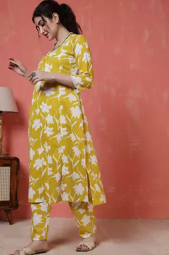 Yellow printed cotton co-ord set for women