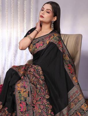Black traditional black rich zari woven kalamkari motifs saree 4