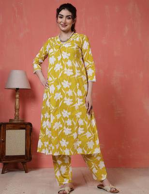 Yellow printed cotton co-ord set for women 4
