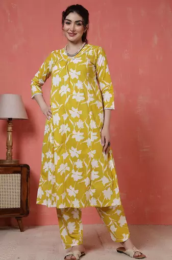 Yellow printed cotton co-ord set for women