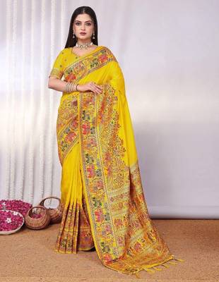 Yellow embellished zari saree 1