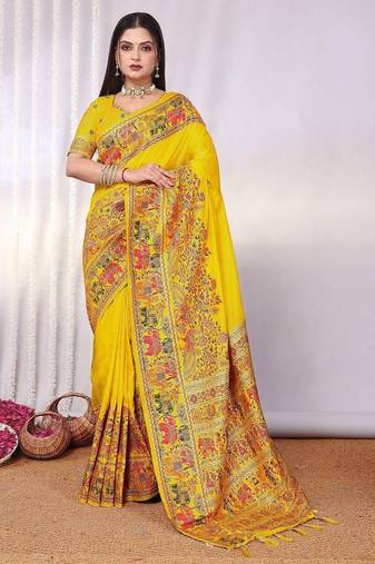 Yellow embellished zari saree
