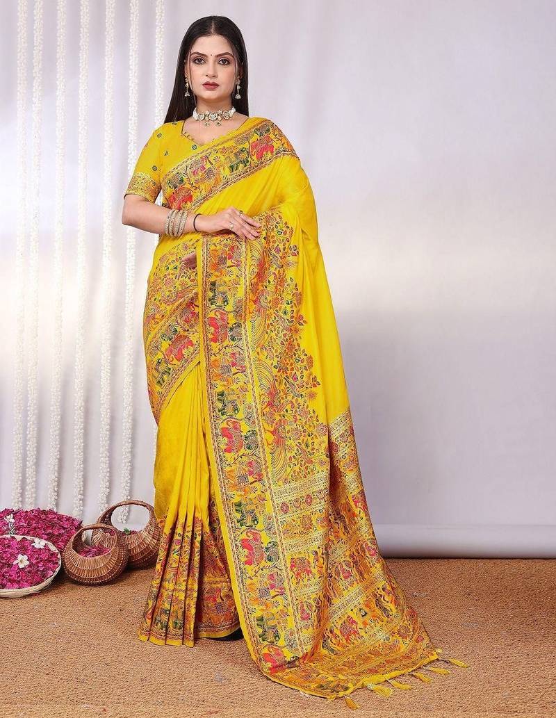 Yellow embellished zari saree