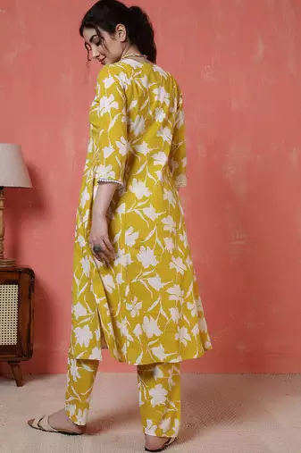 Yellow printed cotton co-ord set for women