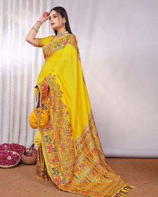 Yellow embellished zari saree 3