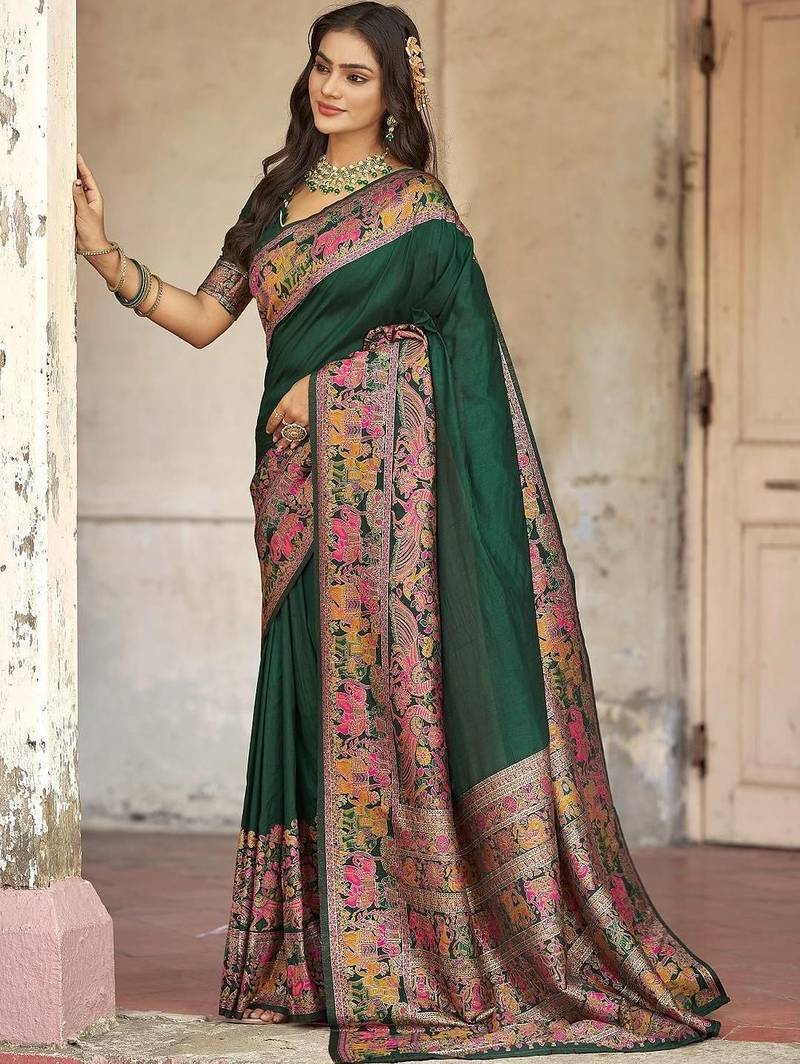 Green embellished zari saree
