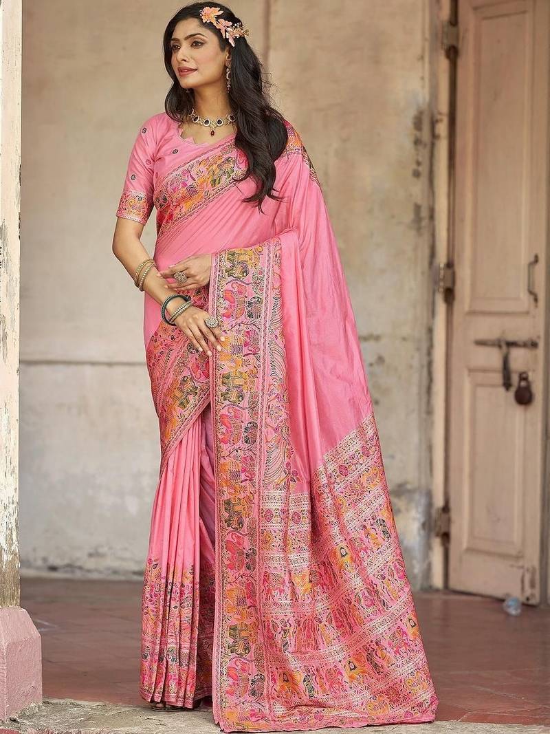 Pink embellished zari saree