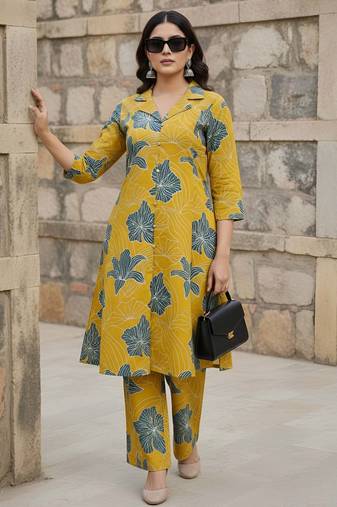 Yellow printed co-ord set for women
