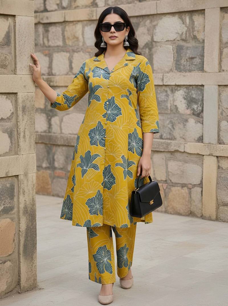 Yellow printed co-ord set for women