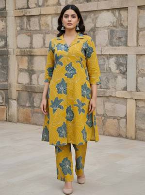 Yellow printed co-ord set for women 2