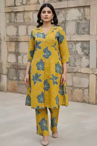 Yellow printed co-ord set for women