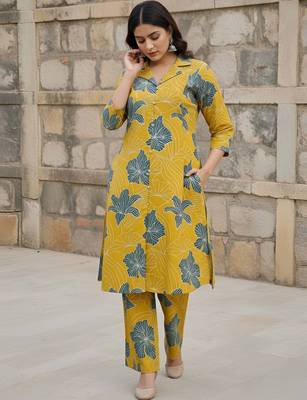 Yellow printed co-ord set for women 4