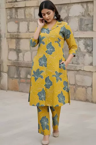 Yellow printed co-ord set for women