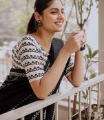Black ethnic motifs silk blend block print saree