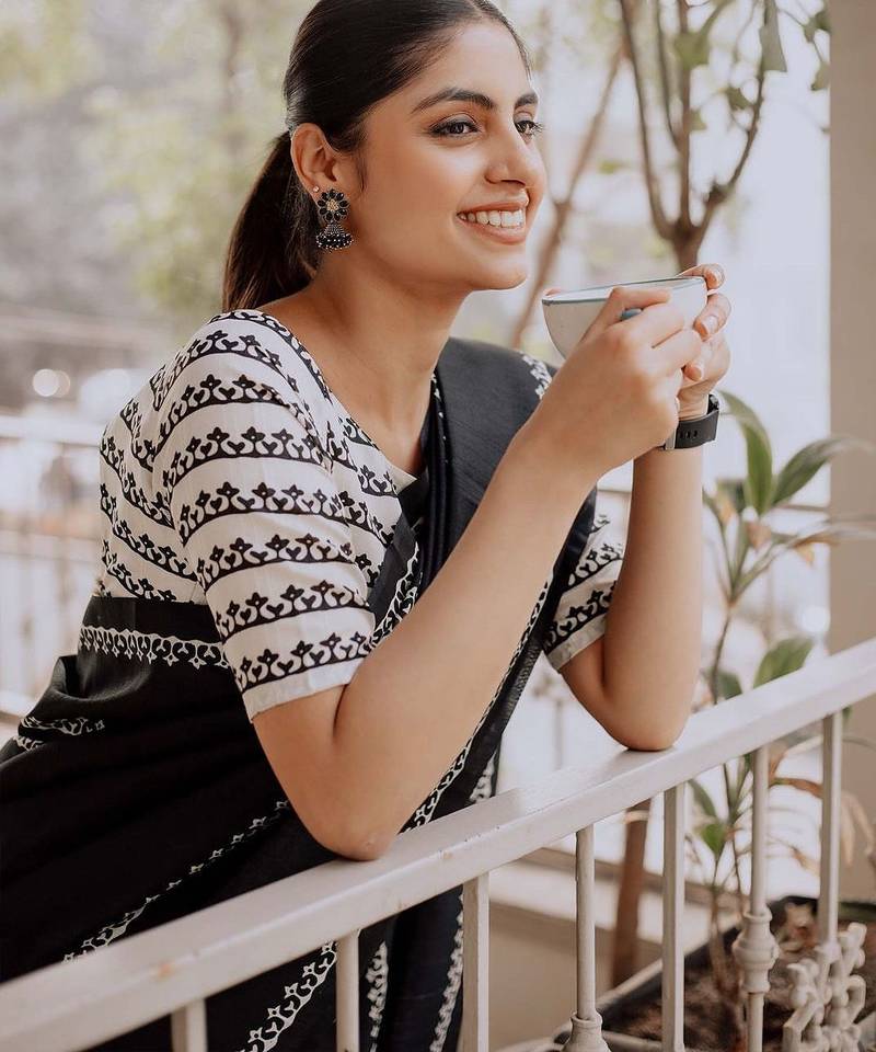 Black ethnic motifs silk blend block print saree