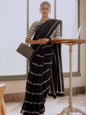 Black ethnic motifs silk blend block print saree 2