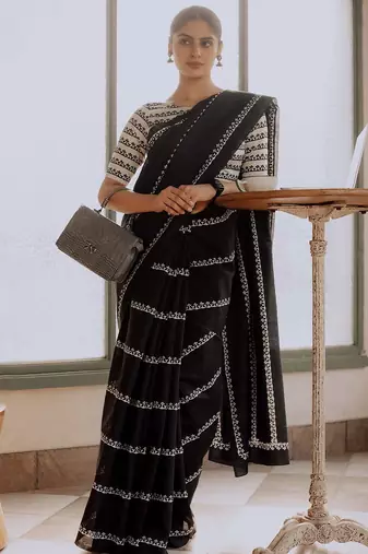 Black ethnic motifs silk blend block print saree