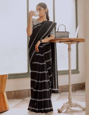 Black ethnic motifs silk blend block print saree 3