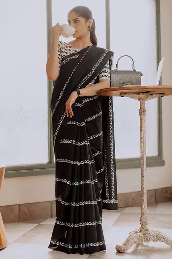 Black ethnic motifs silk blend block print saree