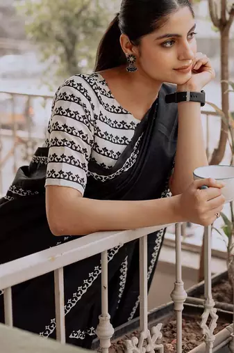 Black ethnic motifs silk blend block print saree