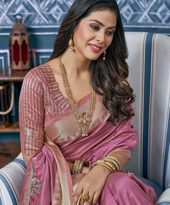 Pink ethnic motif embroidered zari woven saree 1