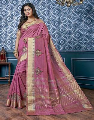 Pink ethnic motif embroidered zari woven saree 2
