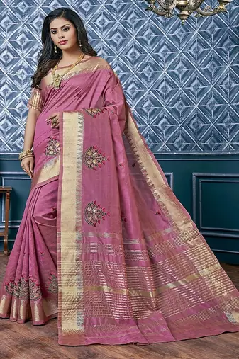 Pink ethnic motif embroidered zari woven saree