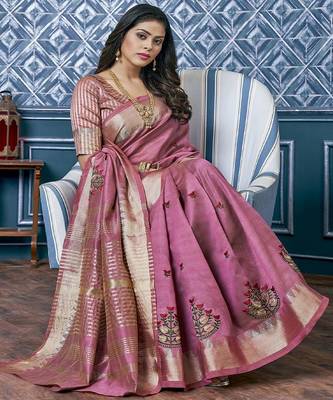 Pink ethnic motif embroidered zari woven saree 3