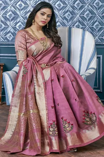 Pink ethnic motif embroidered zari woven saree