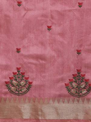 Pink ethnic motif embroidered zari woven saree 4