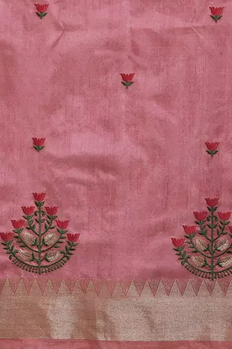 Pink ethnic motif embroidered zari woven saree