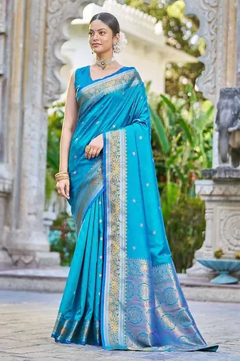 Blue woven design ethnic motifs zari saree