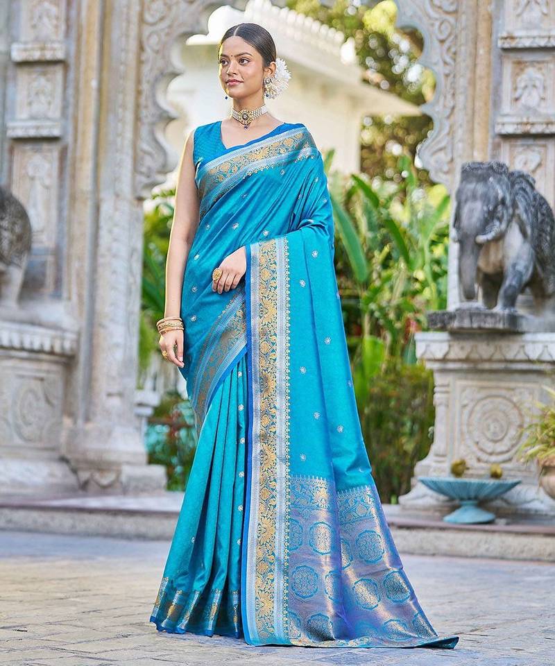 Blue woven design ethnic motifs zari saree